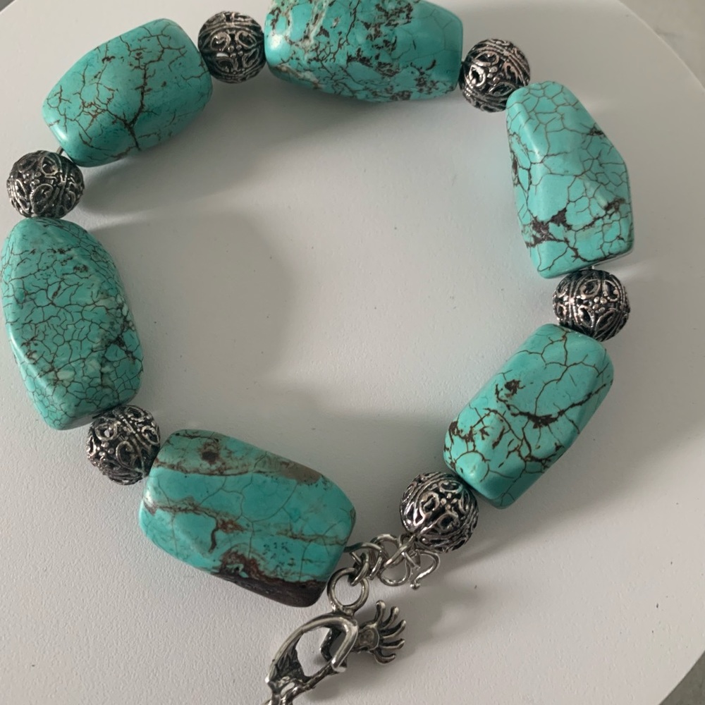 Vintage Upcycled OOAK Howlite Sterling Lace Bead Kokopelli Memory Wire Bracelet